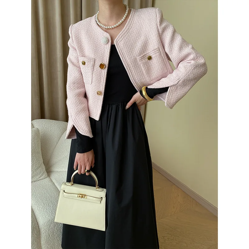 Artistic Feeling Special-shaped Buckle Fashionable Round Neck Small Coat 2024 Early Spring New Wool Jacket