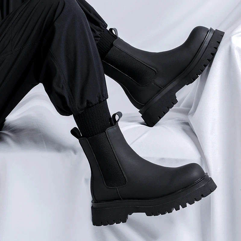 2023 Platform Black High Top Boots WMen High Heel Genuine Leather Ankle Chelsea Boots Men Punk Shoe Thick Bottom Botas De Mujer