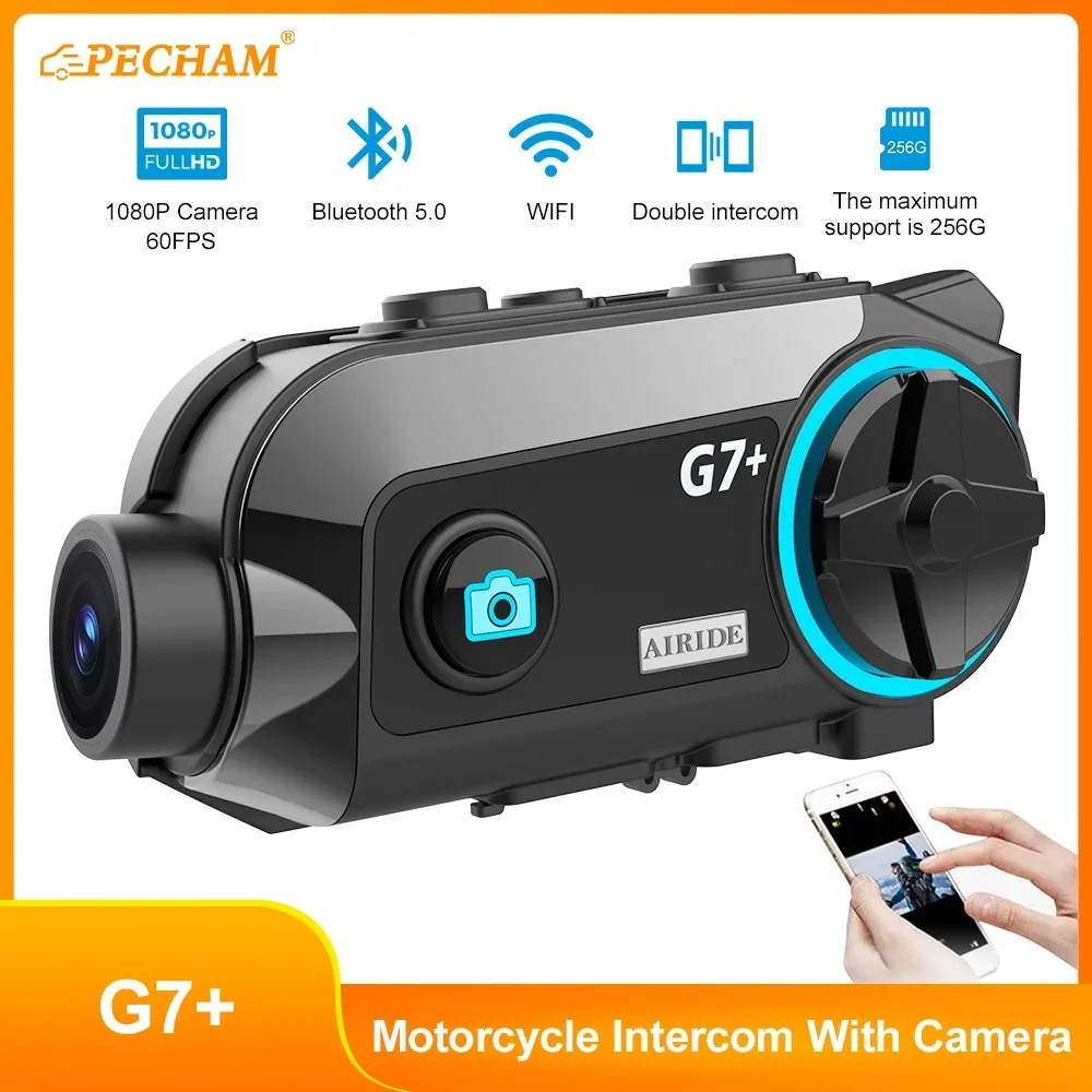 Intercomunicador G7 + 5,0 para casco de motocicleta, auriculares inalámbricos con Bluetooth, Radio FM, impermeable, cámara 1080P para 2 conductores