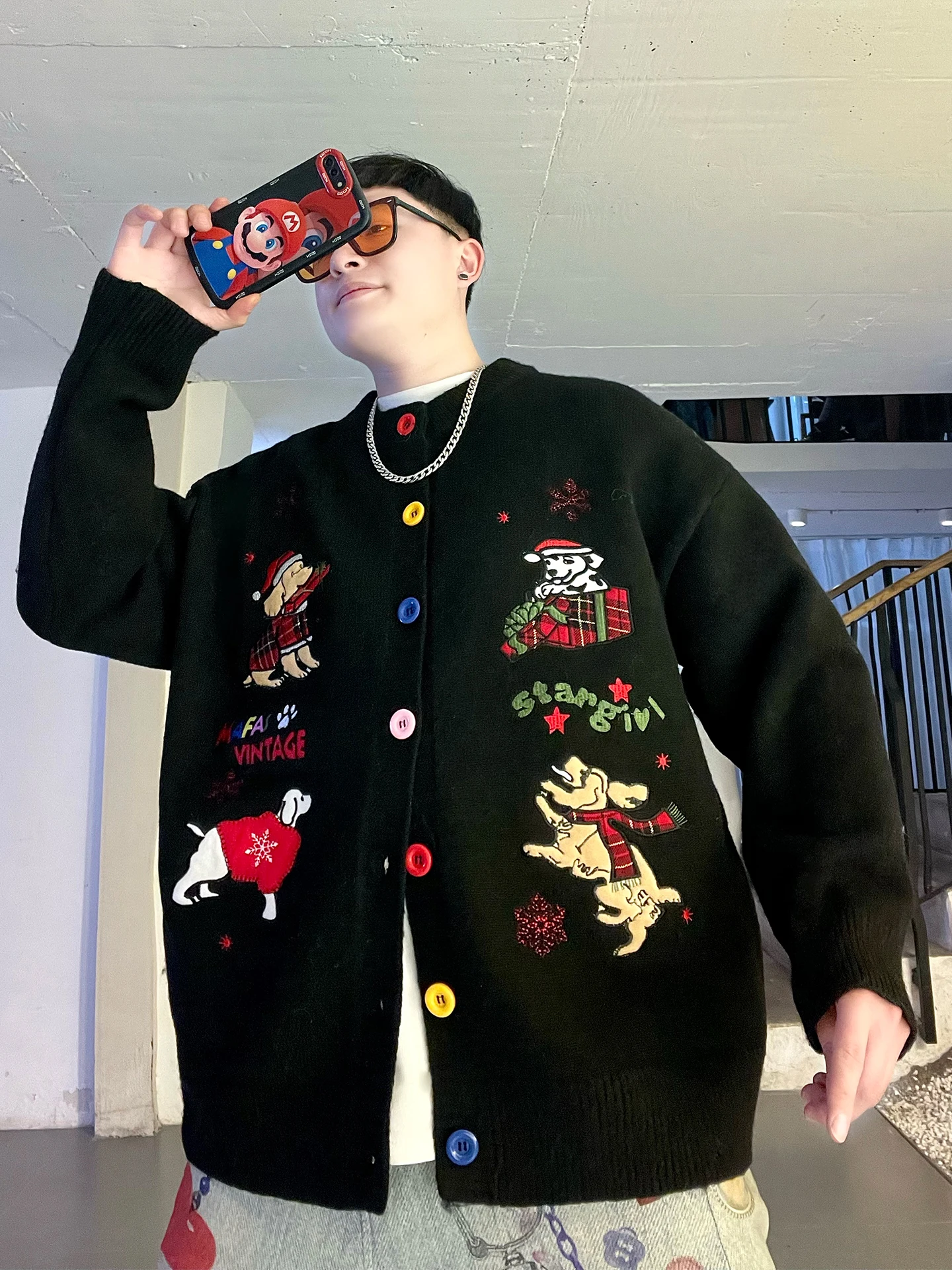 

Cisas Dog Embroidered Knitted Open Cardigan Men's Loose Fit Thiened Sweater Lazy Coat Autumn Winter Casual Wear