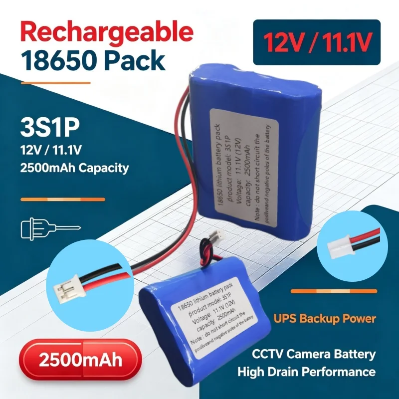18650 Li‑ion Battery Pack 3S1P 11.1V 2500mAh 12V Rechargeable Battery for CCTV Camera UPS Backup Power
