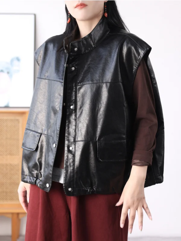 

Authentic 2025 Autumn New Sle PU Leather Biker Vest Cool Trendy Stand Collar Jaet Women's Faion Leather Coat Top