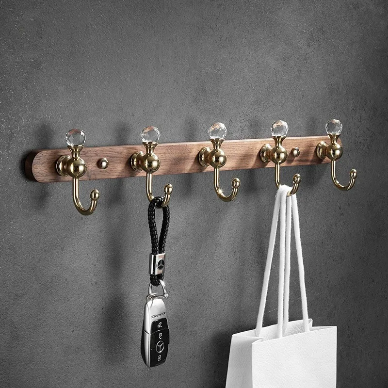 Luxury Walnut Solid Wood Entryway Console with Crystal Gold Coat Hooks Back-Wall Mounted Long Row of Black Coat Hooks