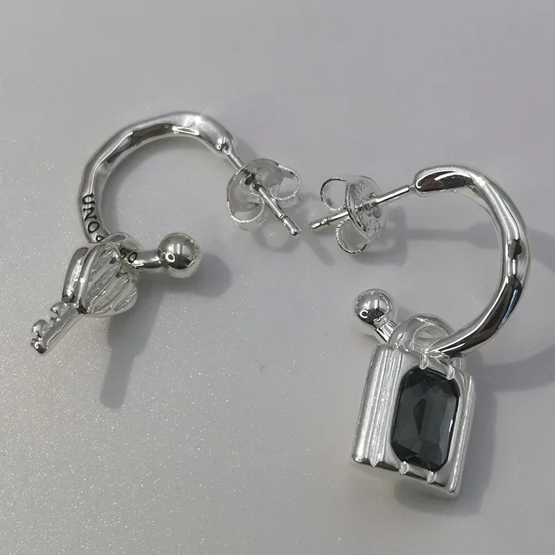 Luxury 2024 Spain Cute Sweet Temperament Grey Crystal Good Luck Padlock Key Asymmetric Earrings Women's Jewelry Gift