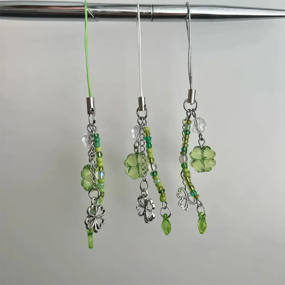 Handmade Beaded Phone Chain Lucky Four Leaf Clovers Phone Chain Colorful Keyring CCD Pendant Cellphone Accessory Ornament image 2