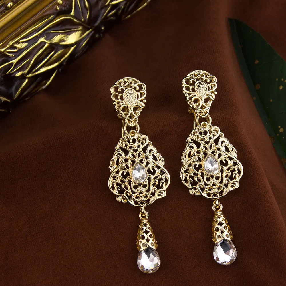 Sunspicems Moroccan Earrings Women\'s Wedding Jewelry Crystal Hollow Water Droplet ShapePendant Traditional Arab Wedding Jewelry