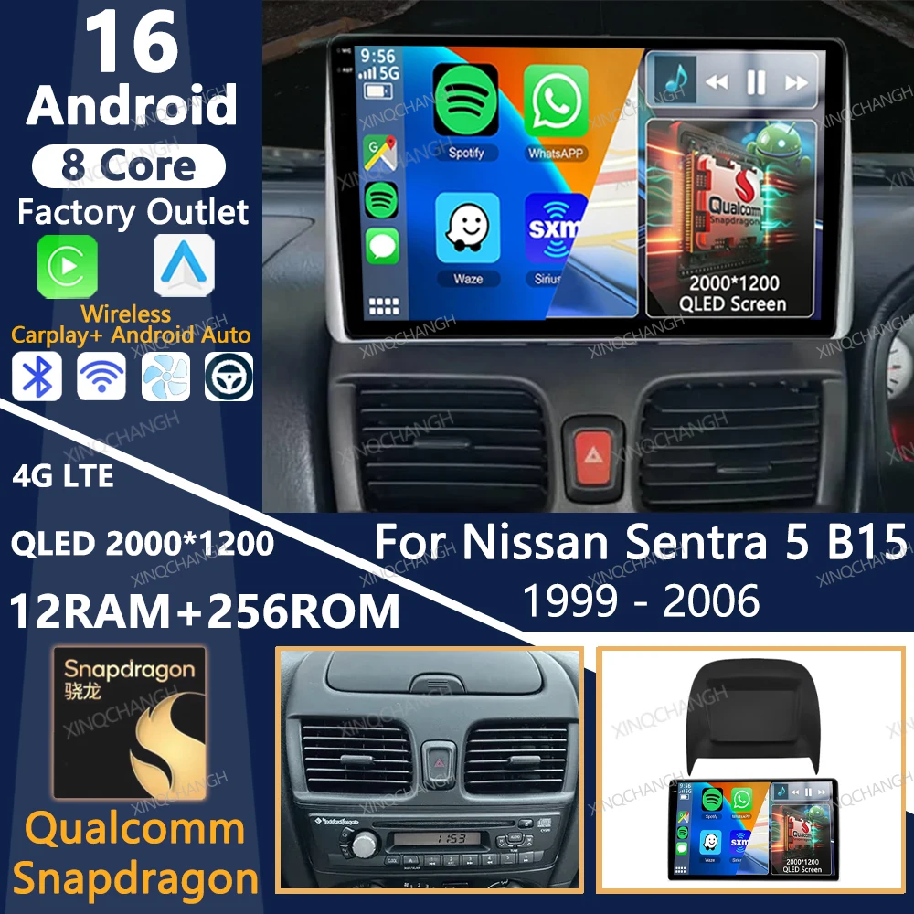 Android 16 Car Radio For Nissan Sentra 5 B15 1999 - 2006 Multimedia Video Player Carplay Auto BT Qualcomm 4G WIFI QLED GPS 2DIN
