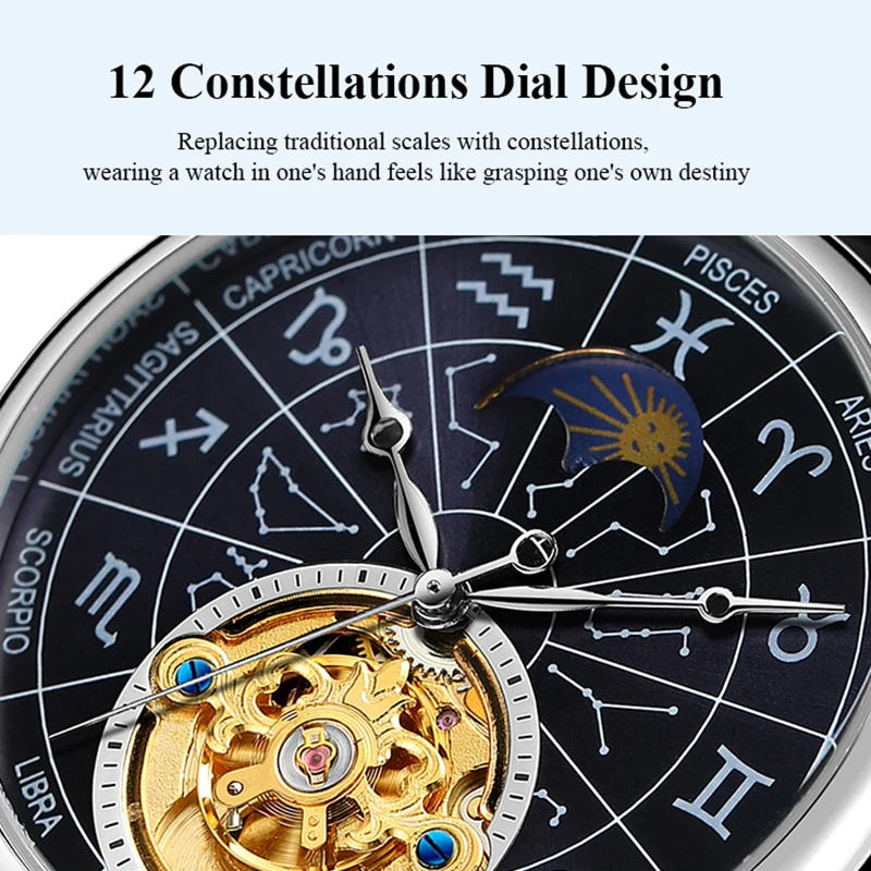 Designer Luxury 12 Constellation Man Watch Moon Phase Tourbillon Automatic Movement Mechanical  Clock Waterproof Leather Watches