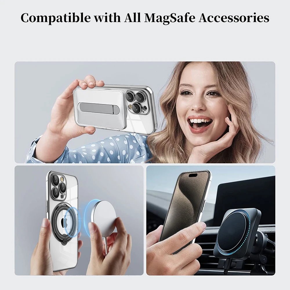 Plating Rotating Stand Case For iPhone 15 Pro Max For Magsafe Wireless Charger Magnet Lens Protection Cover iPhone15 Plus 15Pro