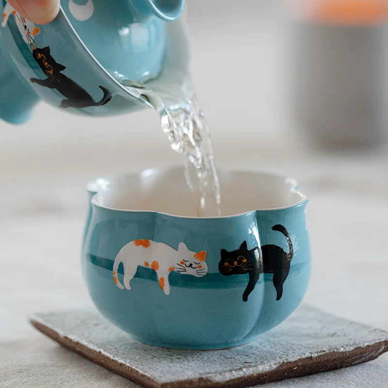 Powder glazed Hand painted Cat Master Cup Flower mouthed Tea Cup Tasting Cup Kung Fu Tea Set Special Tea Cup for Ladies