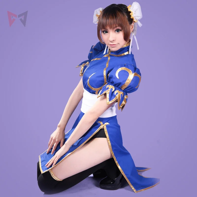 

Костюм для косплея Atheis Gongfu Chun-Li, синий, розовый, красный цвет, черный реквизит, браслет для Хэллоуина, искусственная игра