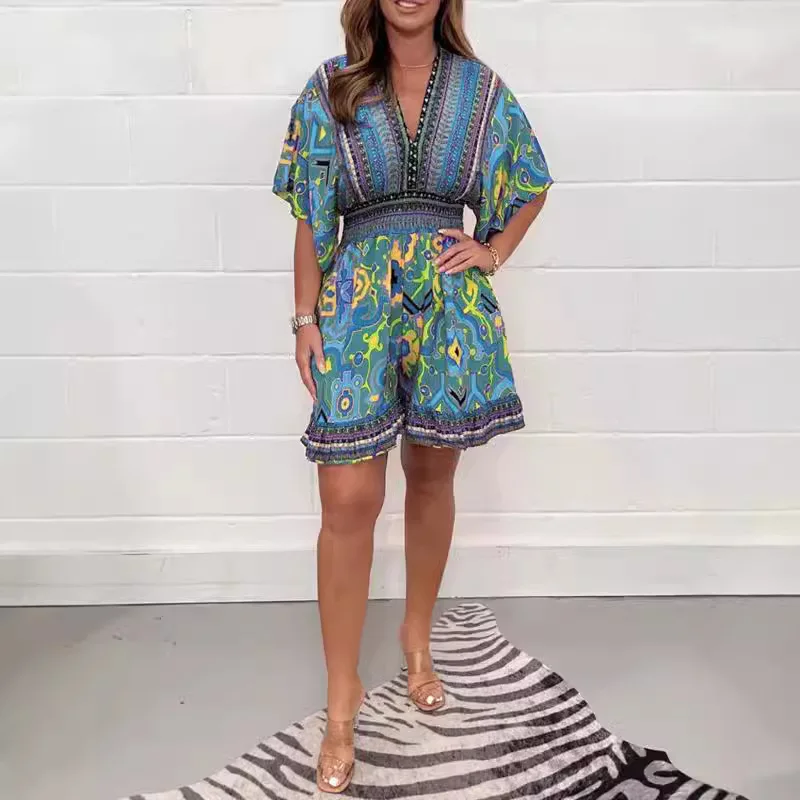 

2025 летний женский комбинезон с коротким рукавом и V-образным вырезом в этническом стиле