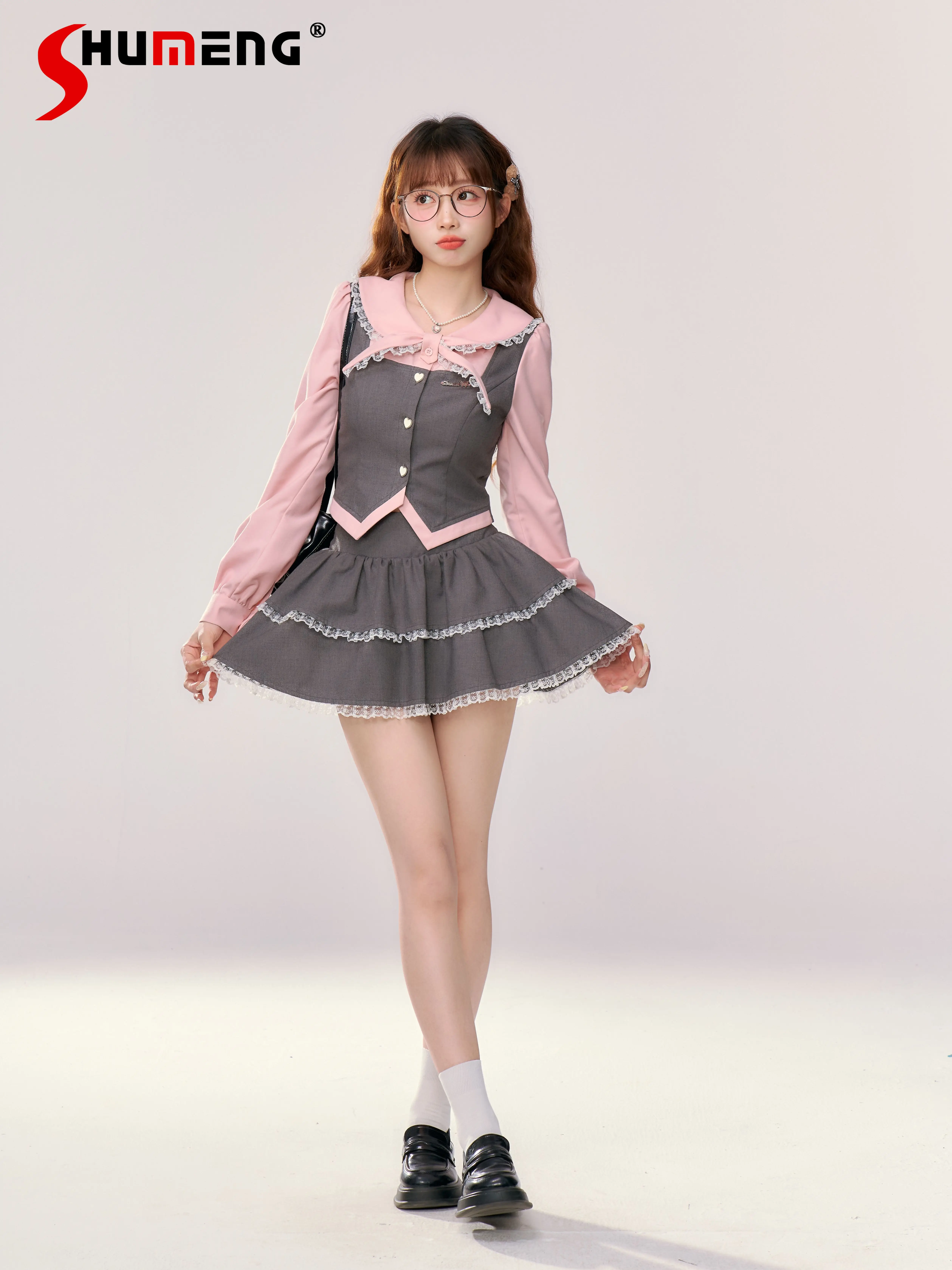 

Japanese Sweet Preppy Style Lace Splicing Long Sleeve Single-breasted Shirt High Waist A-line Short Skirt Two-piece Set Women