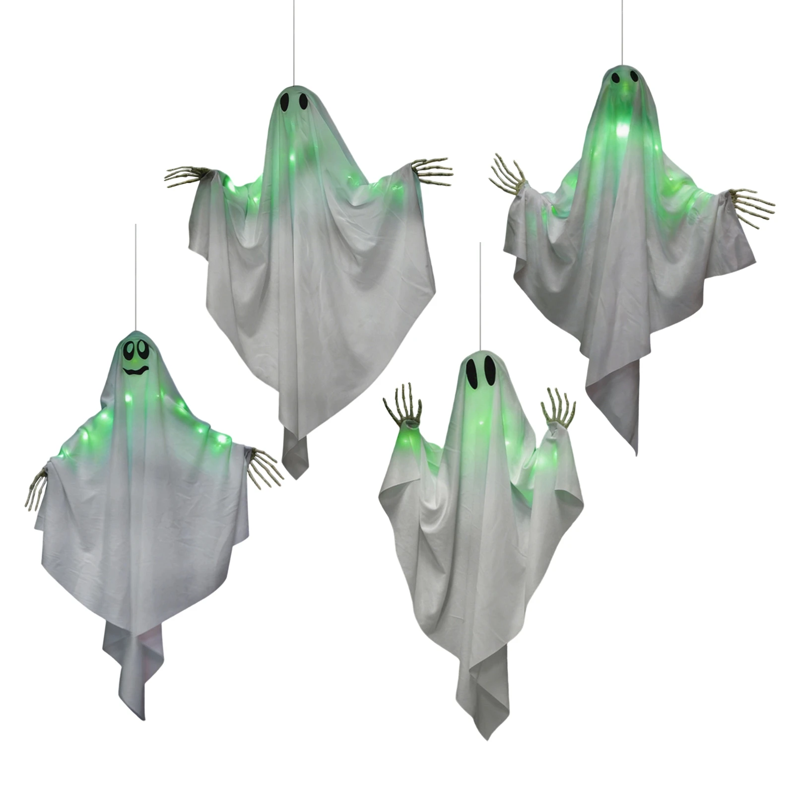 4 Pcs Halloween Hanging Ghosts Decoration with Green Light and Moving Arms & Multi-Expression for Yard and Haunted House Decor