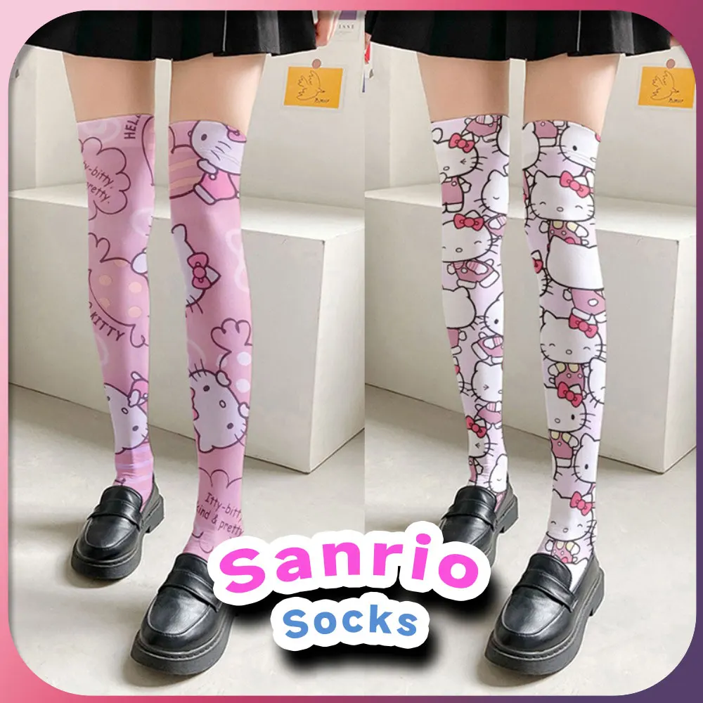 Kawaii Hello Kitty Thigh High Stockings Sanrio Anime Y2K Harajuku Printed Long Pink Thigh High Socks