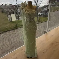 Arabic Sage Green One Shoulder Pearls Mermaid Evening Dresses Elegant Formal Long Prom Gowns For Women Wedding Party