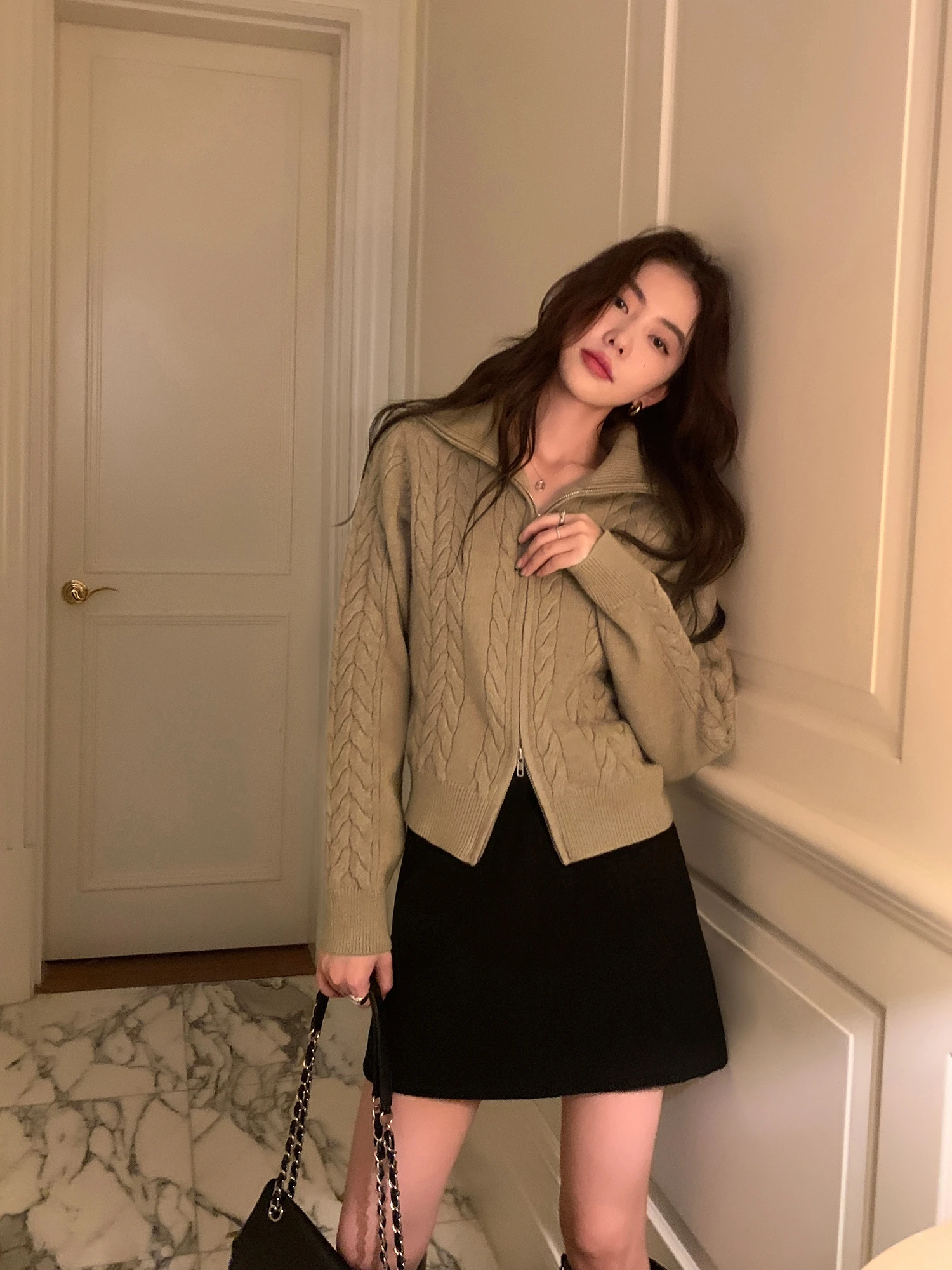 

Pusumede Paris Window Twisted Knit Sweater Coat Zipper Collar Women's ort Knitted Top Faionable Commute Sle Long Sve