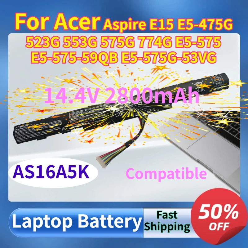 

2800mAh Laptop Battery AS16A5K AS16A7K AS16A8K, for Acer Aspire E15 E5-475G 523G 553G 575G 774G E5-575 E5-575-59QB E5-575G-53VG