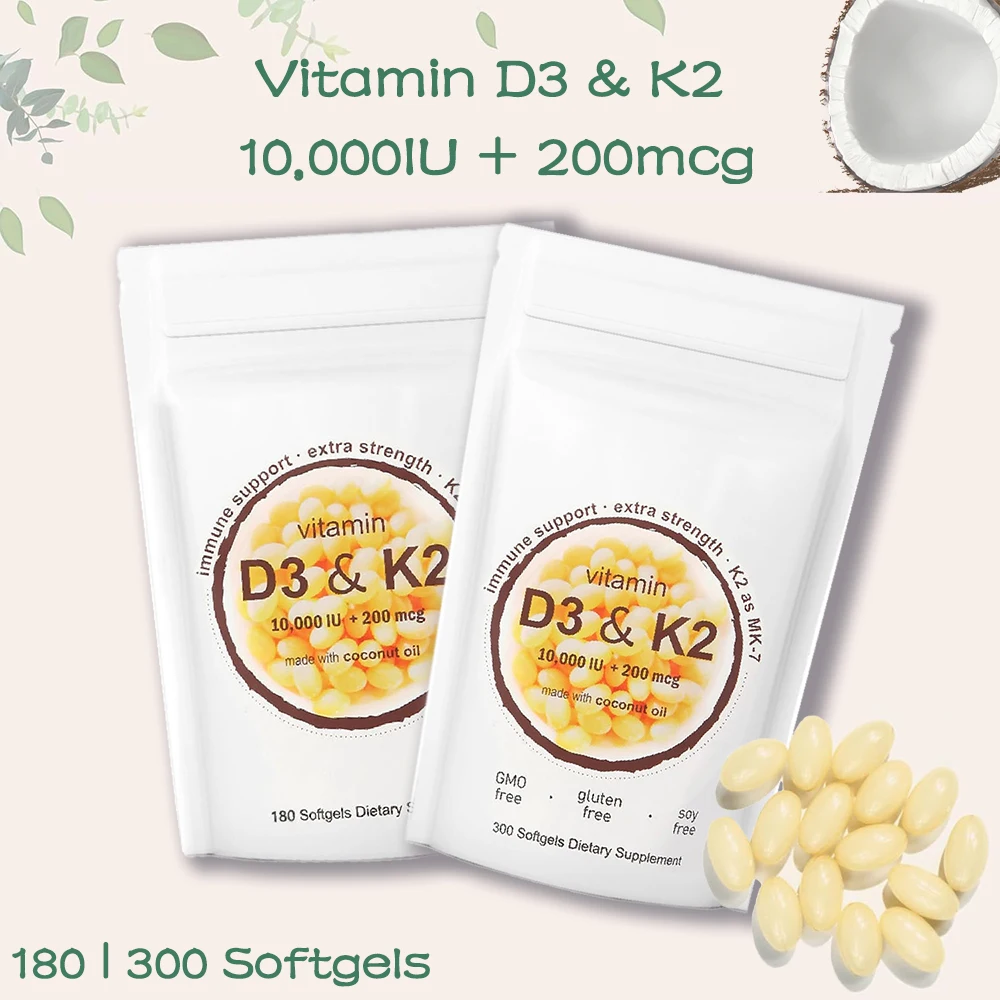 

Витамин D3 + K2 с кокосовым маслом - веганский витамин D 2000iu и MK7 Витамин K 1000 мкг для поддержки костей и иммунитета | Non-GMO | Без сои