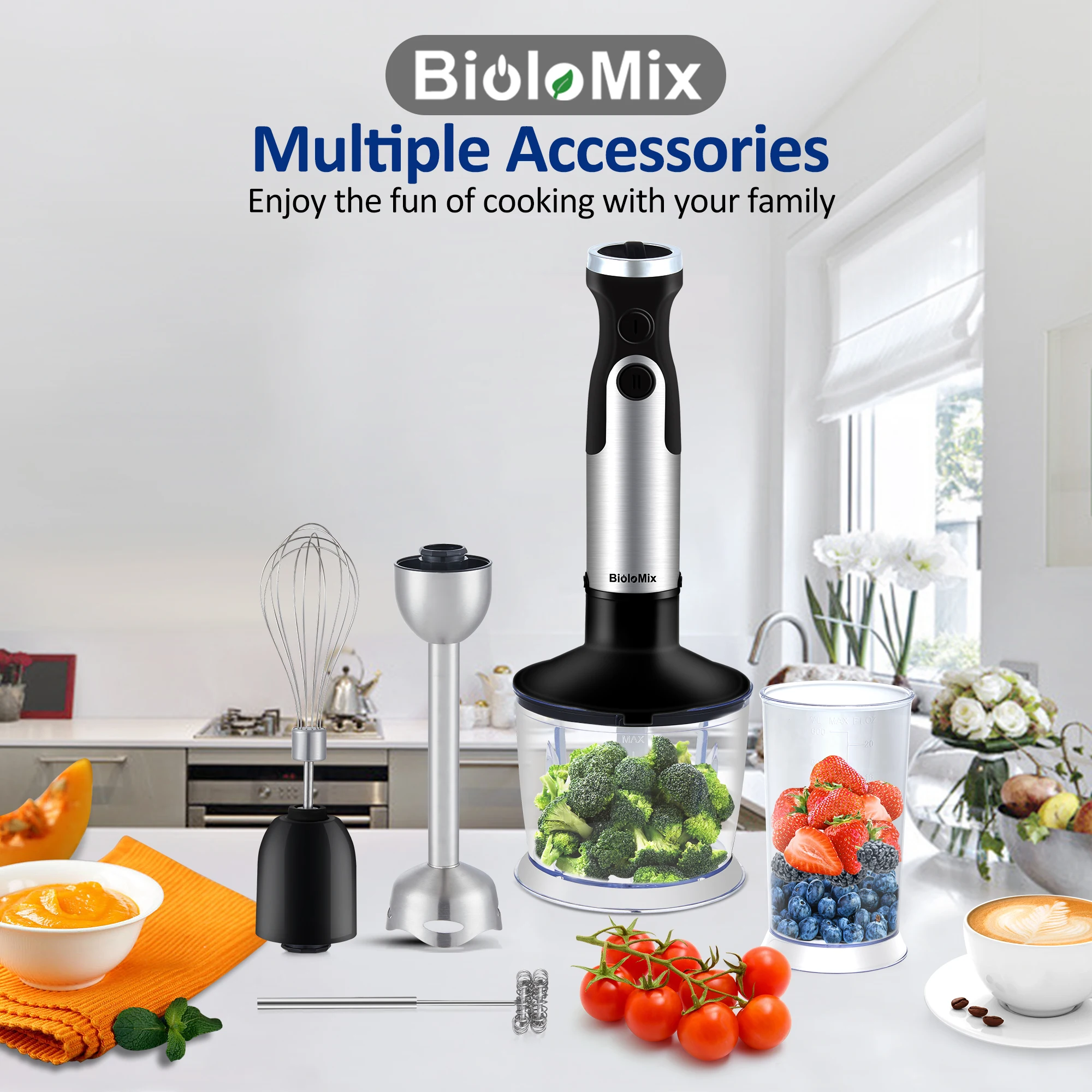 BioloMix 1200W Hand Blender 5-in-1 with 800ml Chopper And 600ml Smoothie Maker Versatile Kitchen Tool for Meat Veggies And More