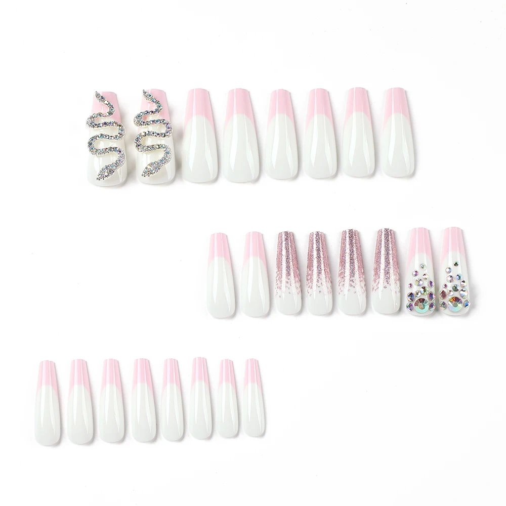 JP3249 QTCJ 24Pcs Pink French with pink-purple glitter and serpentine rhinestones to wear the finished manicure
