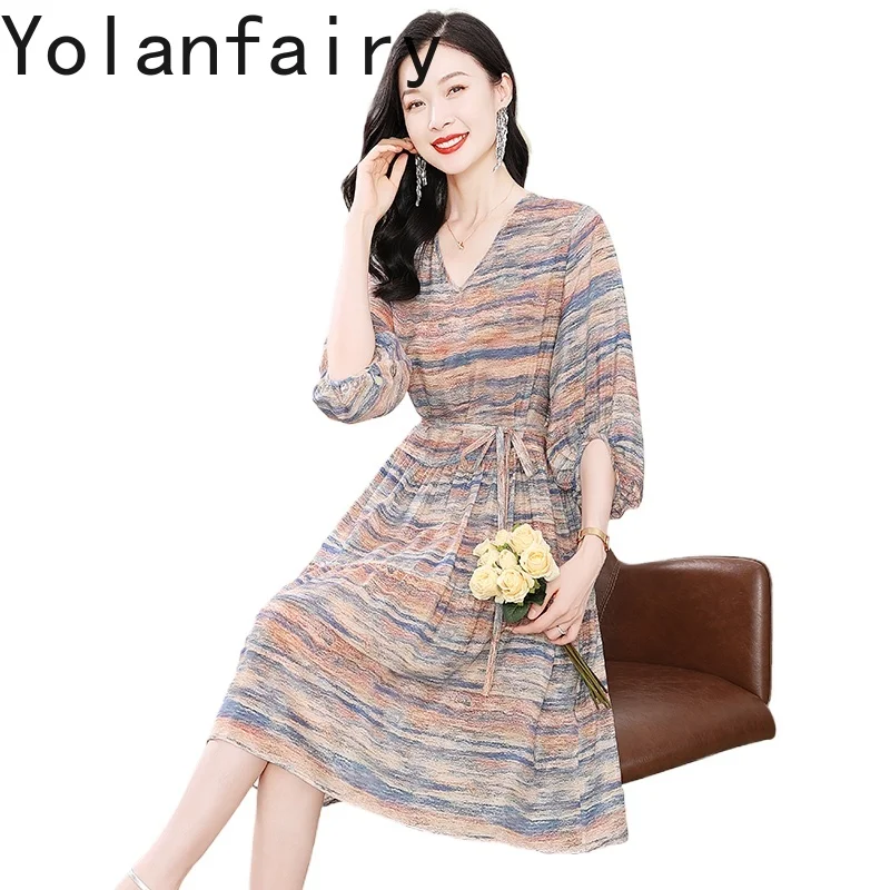YOLANFAIRY 100% Real Mulberry Silk Dress for Women Summer 2025 Light Luxury Cinched Waist Striped Dress Korean Vacation Dresses