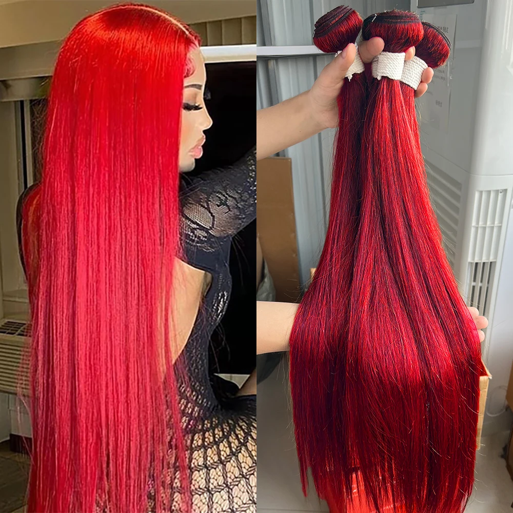 Wholesale Peruvian Hair Bundles #Hot Red Colored Straight Human Hair Weave Bundles Remy Hair Extensions 1/3/4 Pcs 8-30 Inches