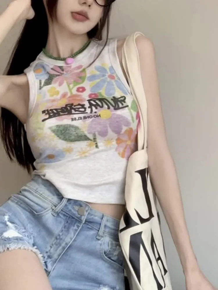 New Design Sweet Print Graphic Vest Chic Grunge Sexy Camisole Summer Off Shoulder Casual Sleeveless Slim Grey Crop Top Mori Girl