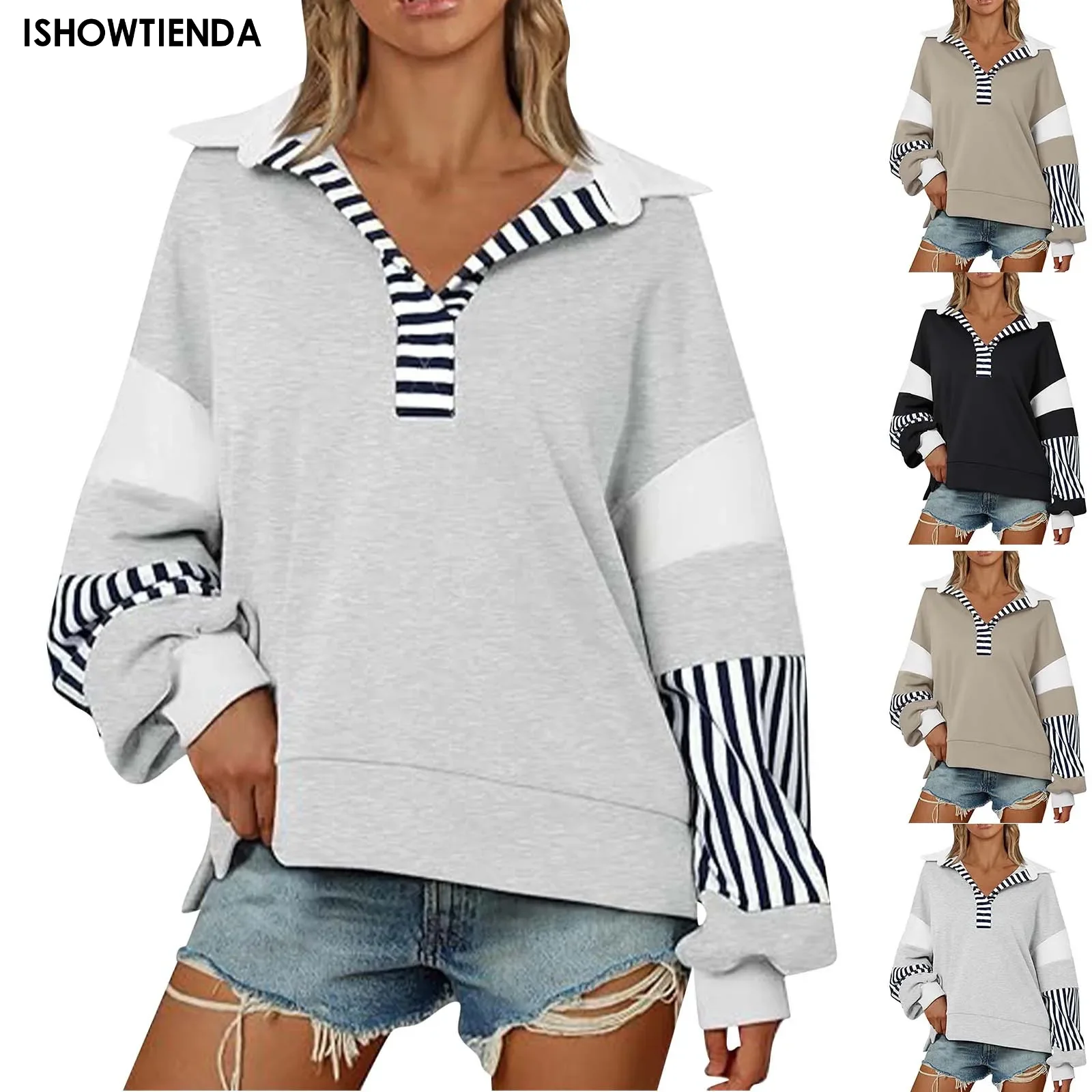 Striped Solid Pullover Sweatshirts Long Sleeve Basic Tops Fashion Loose Autumn Sweatshirts Solid Sweatshirt Female New Casual