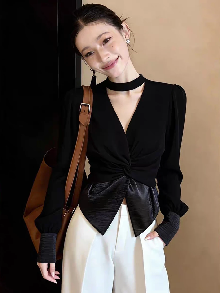 

Модный черный женский кардиган с V-образным вырезом и утяжкой на талии, в корейском стиле, весна 2026, для повседневной носки, приталенный, с длинным рукавом