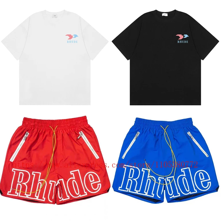 

New Arrival Rhude Red Logo Print Shorts Men Streetwear Elastic Waist Drawstring Zip Pocket Casual High Quality Shorts