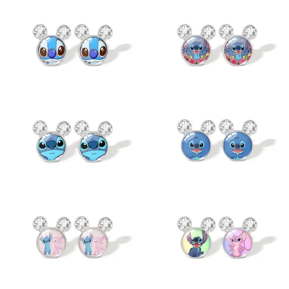 Lilo & Stitch Disney Cartoon Time Gem Stud Earrings for Girls Anime Jewelry Stitch Kawaii Earring Accessories Kids Birthday Gift