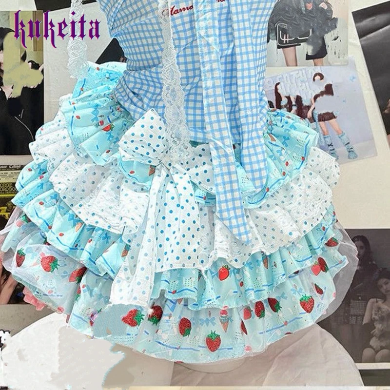 

Мини-юбка Y2K в японском стиле с клубничным бантом, летняя женская юбка в горошек, уличная одежда в стиле Харадзюку, короткая юбка для девушек в стиле кавайи