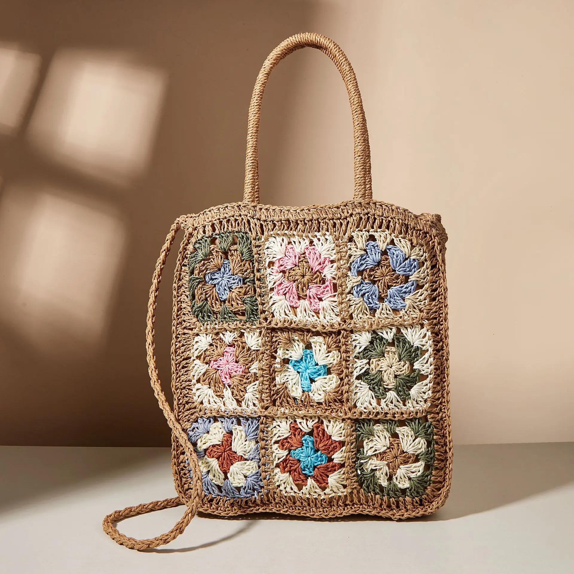 Bohemian Style Handmade Straw Bag Designer Multicolor Flowers Splicing Braided Crochet Shoulder Bag Summer Beach Floral Tote