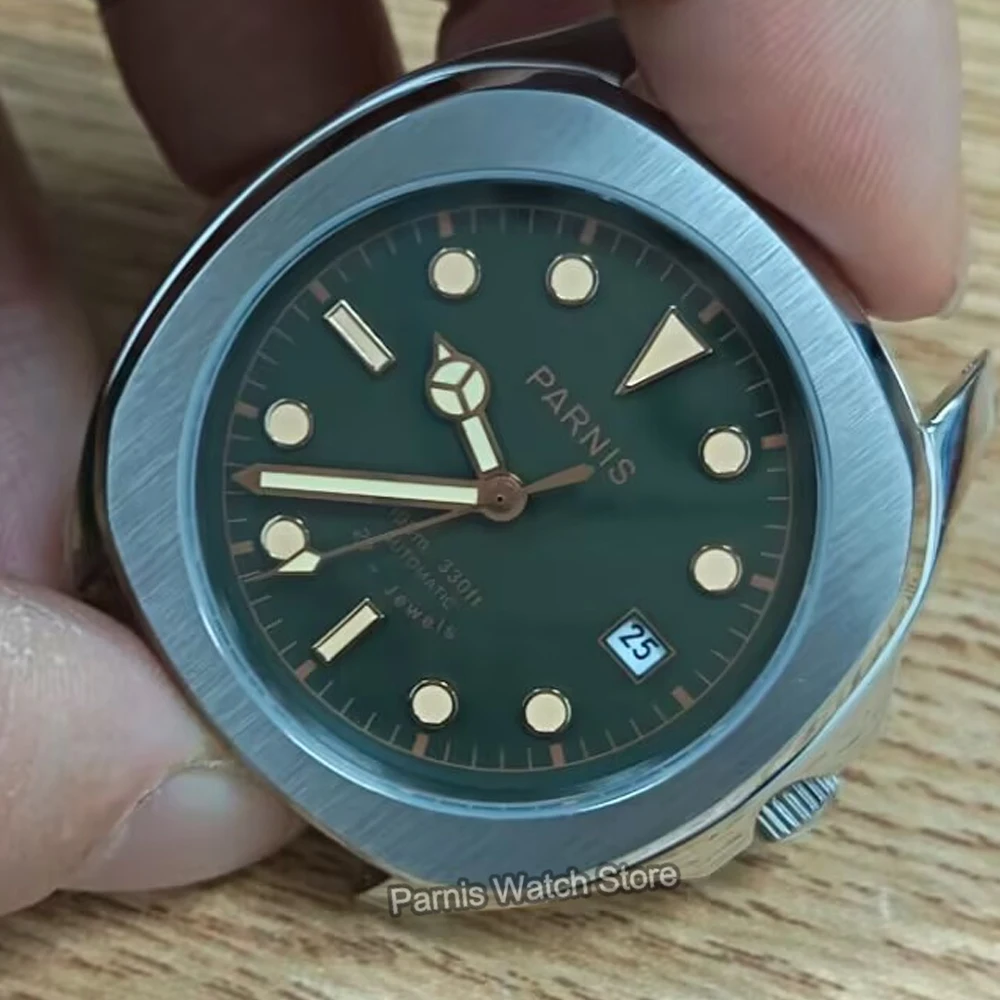 Parnis 39mm Mens Wristwatch Stainless Steel Mechanical Automatic Watch with Leather Strap