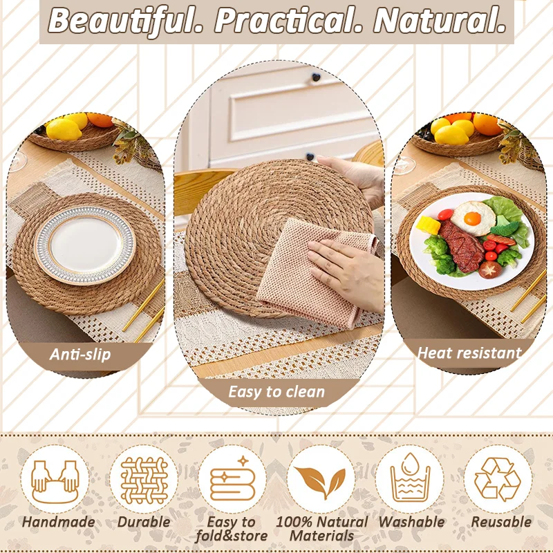 4/6/8 conjuntos boho decorações de mesa de jantar fazenda placemats rústico corredor guardanapos anéis para casa cozinha sala de jantar