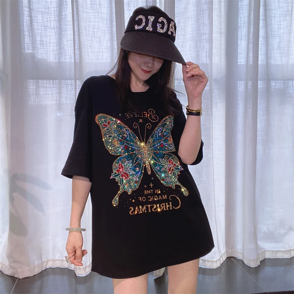 

Plus Size Cartoon Bufferfly Diamonds Short Sleeve Tees for Women Clothing Summer Casual Loose O Neck T Shirt Knitwear Camisetas