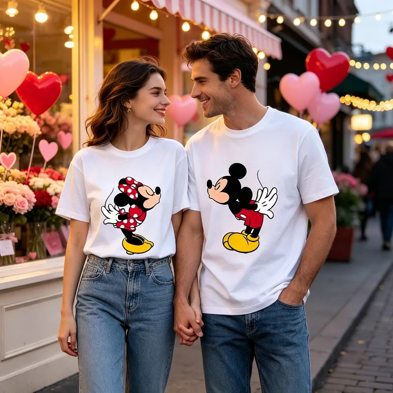 Mickey Minnie Couple T‑Shirts Cartoon Kiss Print Round Neck Short Sleeve Tops Lover Men Women Valentine Gift Casual Daily Tees