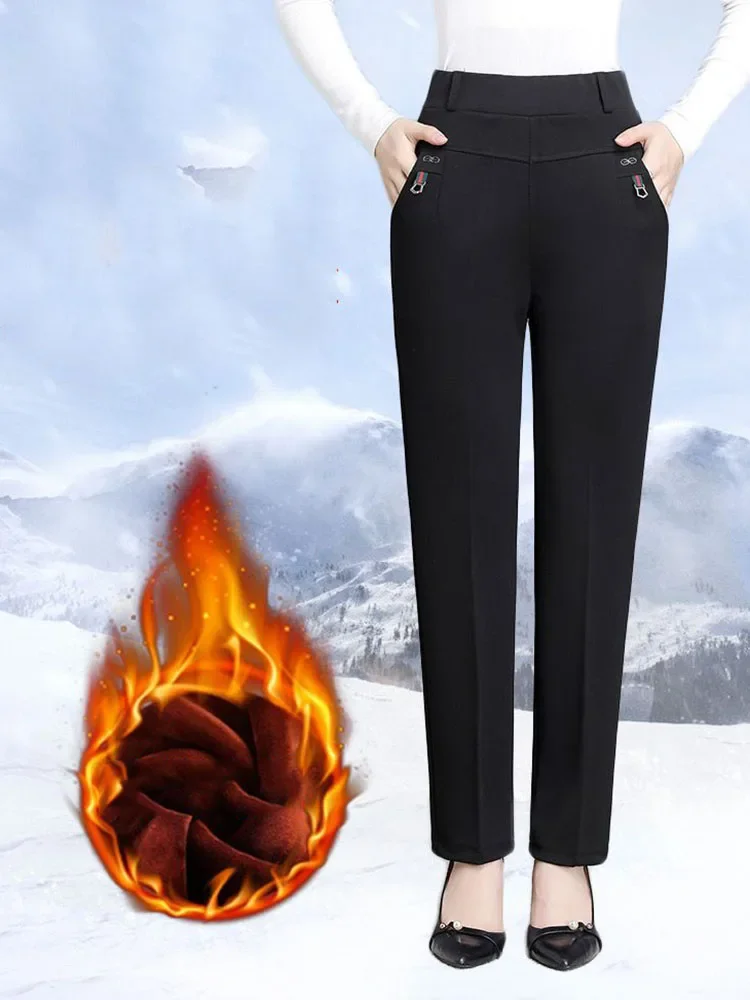 Winter Thicken Plush Pencil Pants Warm Office Plus Velvet High Waist Slim Pantalones Casual Elastic Straight Thick Trouser A947