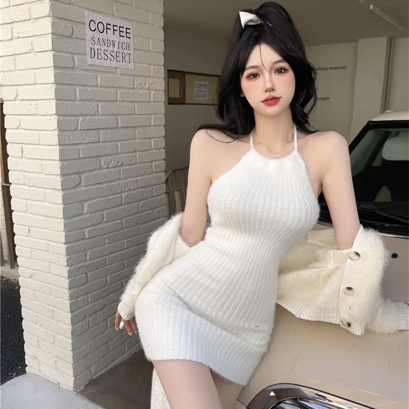 

Summer Women's Halter Neck Suspender Dress Knitted Camisole Slim Mini White Dress Korean Style Sexy Bodycon Hip Wrap Dress