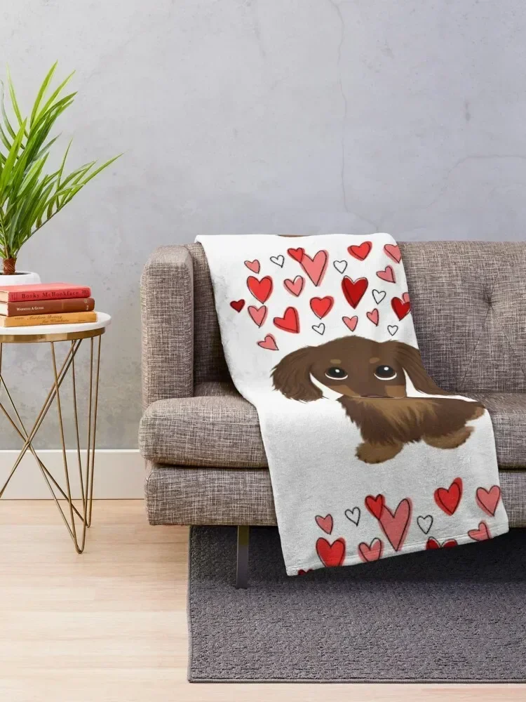 Hearts Dog Longhaired Chocolate Dachshund Cartoon Dog with Valentine Hearts Throw Blanket Camping halloween Blankets