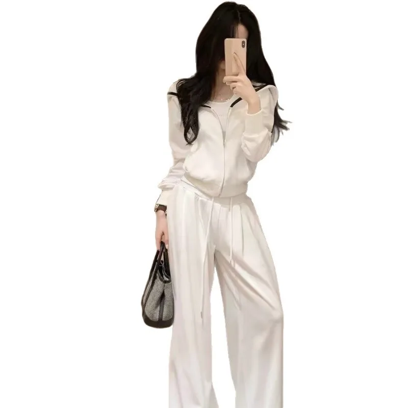2026 New White Sweater Top Women's Wide-leg Pants Casual Suit Korean Style Very Good-looking Wear A Complete Set of Early Spring