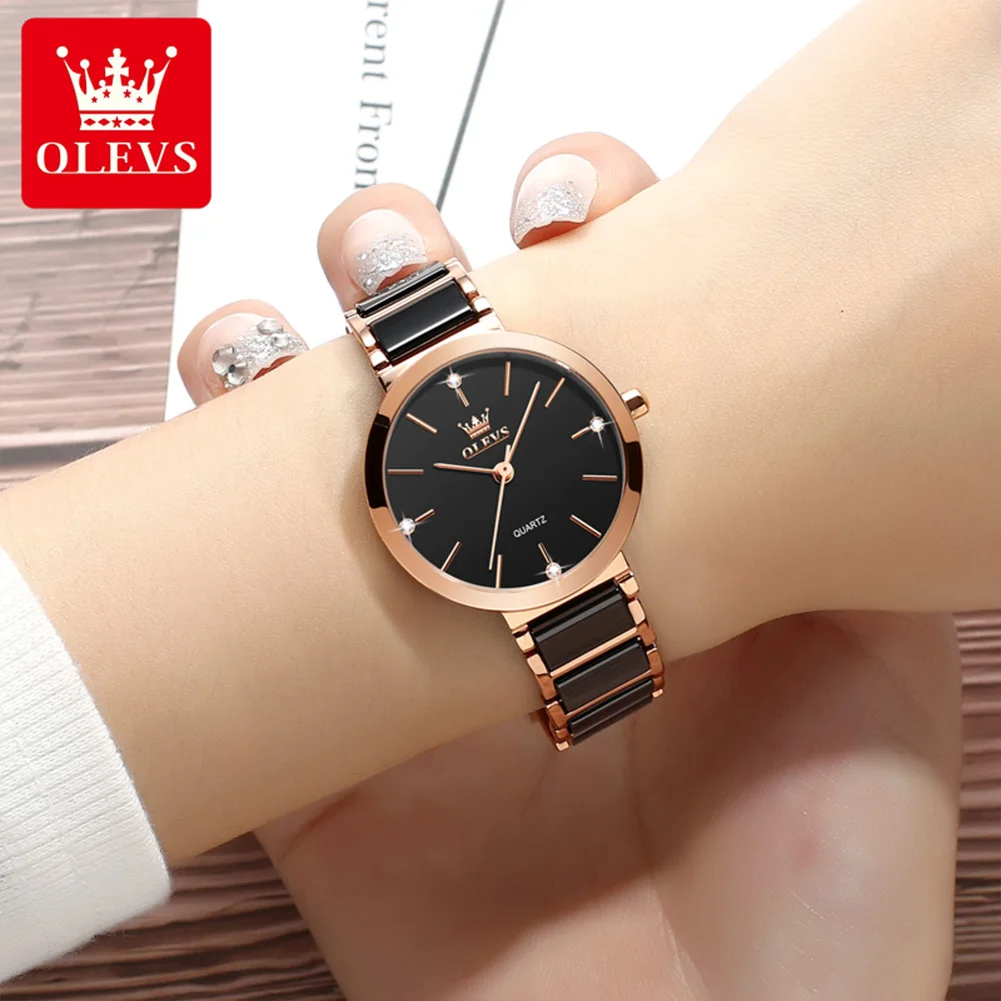 OLEVS 5877 Women\'s Watches Luxury Original Quartz Ladies Wristwatch Elegant Rose Gold Ceramics Strap Waterproof Watch for Women