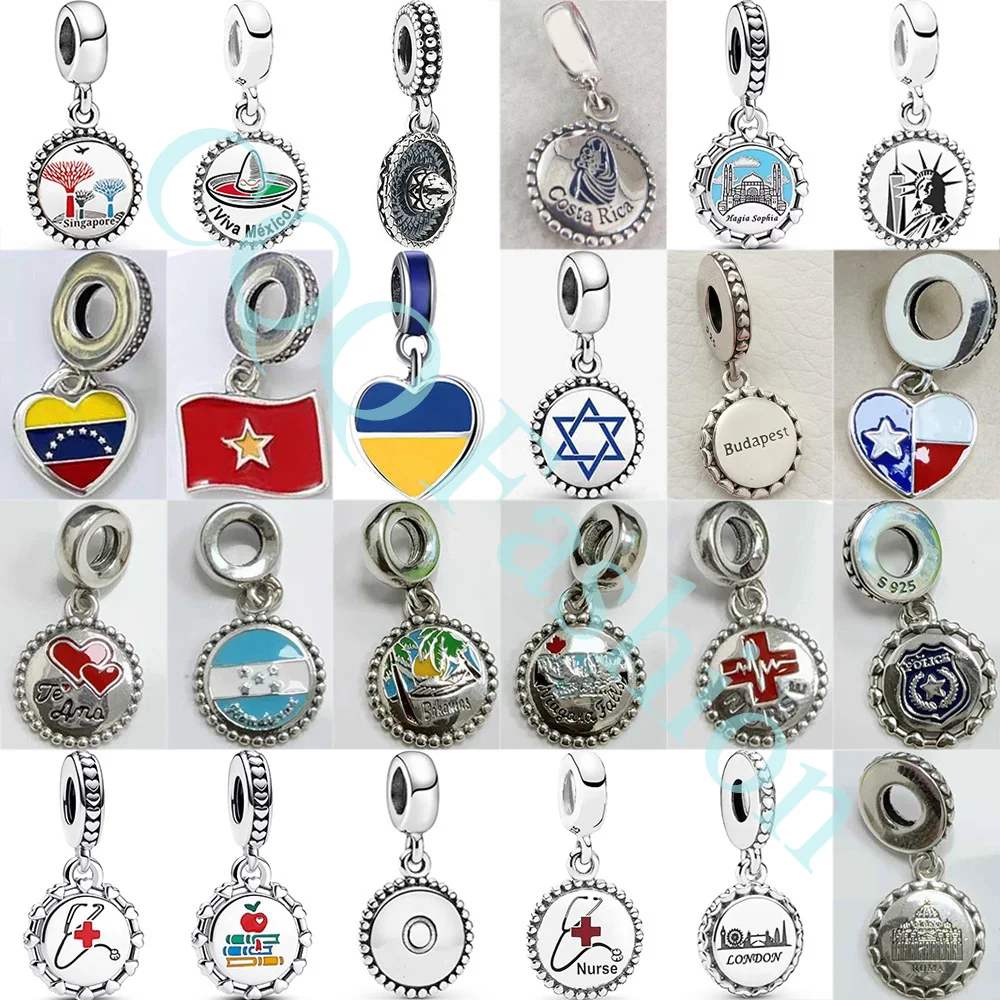 925 Sterling Silver Bead Ukraine Venezuela Vietnam Honduras Flag Dangle Charm For Fashion Women Bracelet Bangle Gift DIY Jewelry