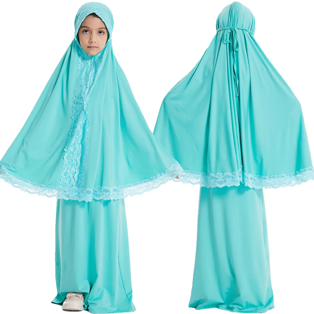 

Muslim Girls Lace Hooded Hijab Abaya Robe Khimar Tube Skirt Set Islam Prayer Garment Eid Kids Djellaba Jalabiya Dress Kaftan 2pc