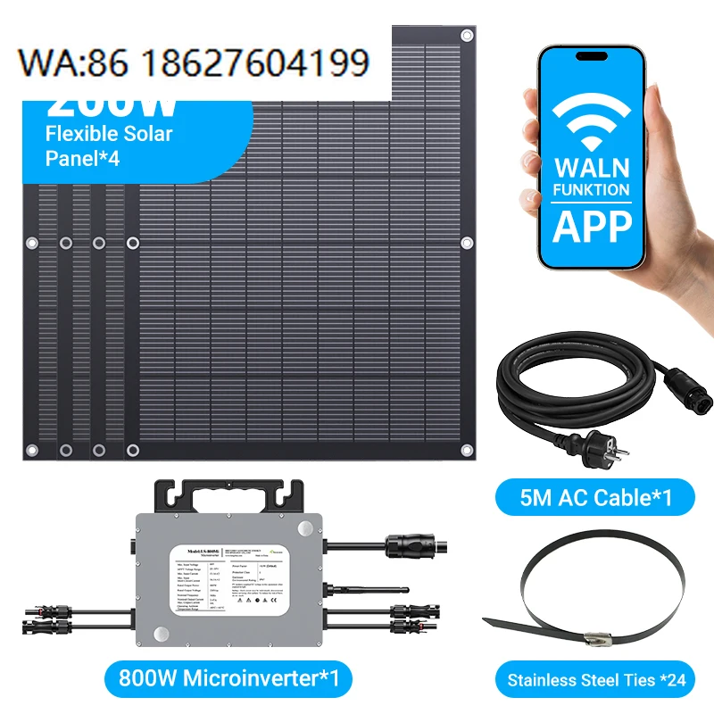 800W On Grid Balcony Solar Kit 200W Flexible Panel 0.8KW Micro Inverter Easy Install Home Residential Solar Plant
