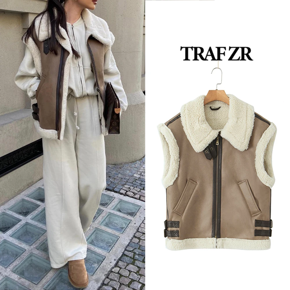 TRAF ZR jaket kulit imitasi untuk wanita, jaket rompi kulit imitasi tanpa lengan, mantel musim dingin bahan kulit dan bulu elegan untuk wanita