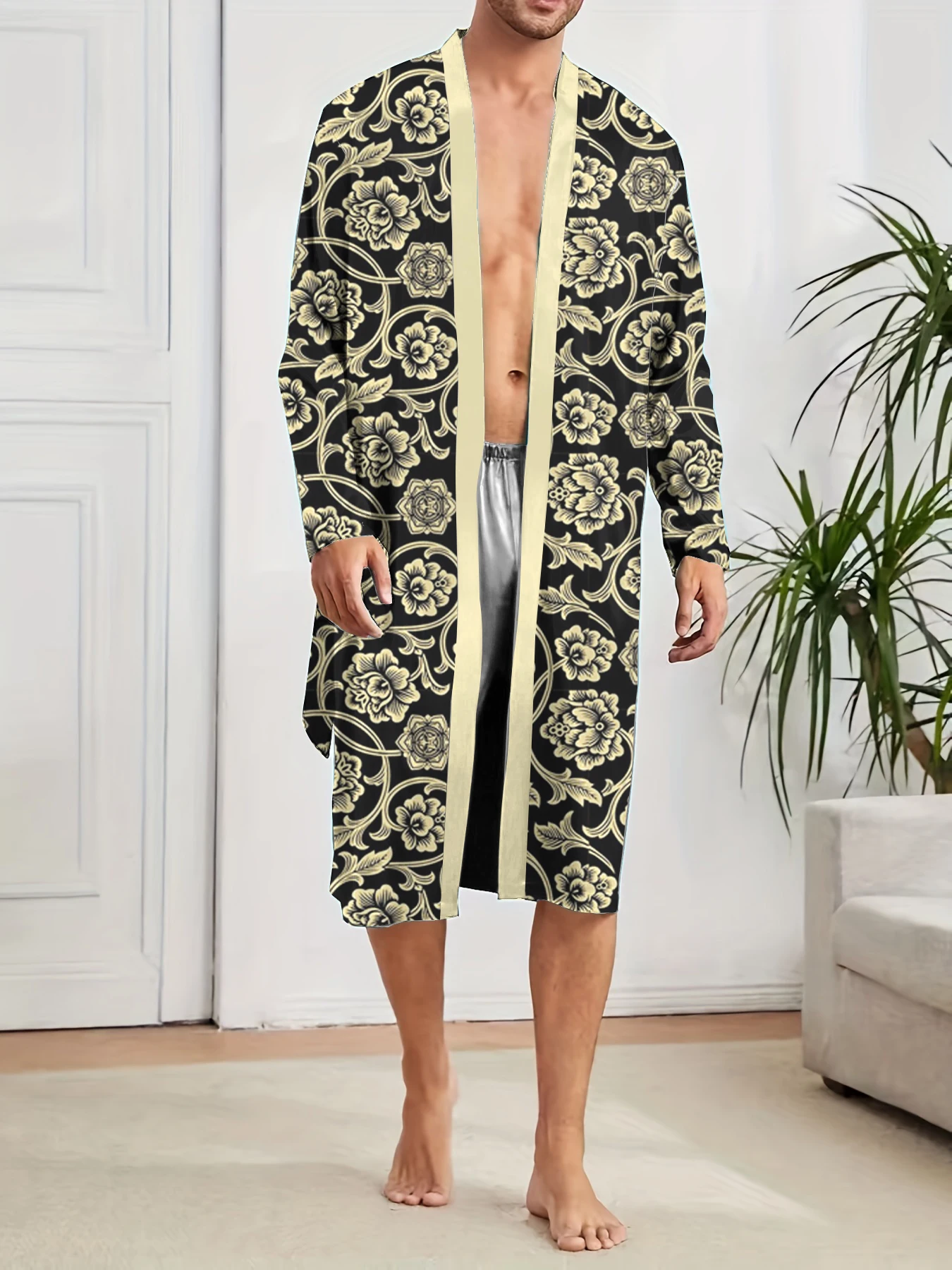 

Trendy Spring and Autumn men's long robes, quick drying, casual entertainment, digital printing, fun pajamas, floral patterns.