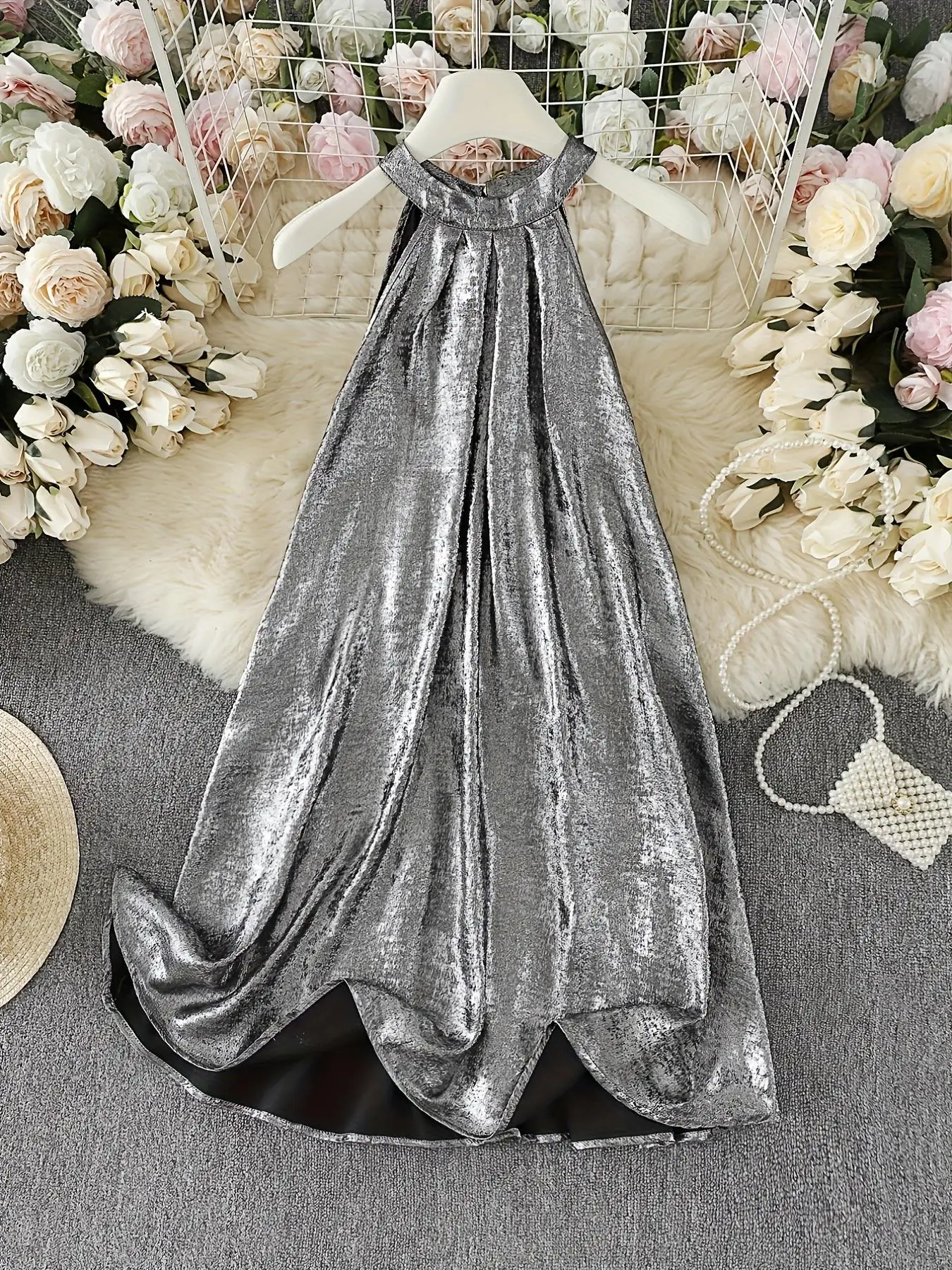 

Elegant Dresses for Woman Silver Metallic Halter Neck Maxi Dress Sleeveless Elegant Drape Evening Parties and Special Occasions