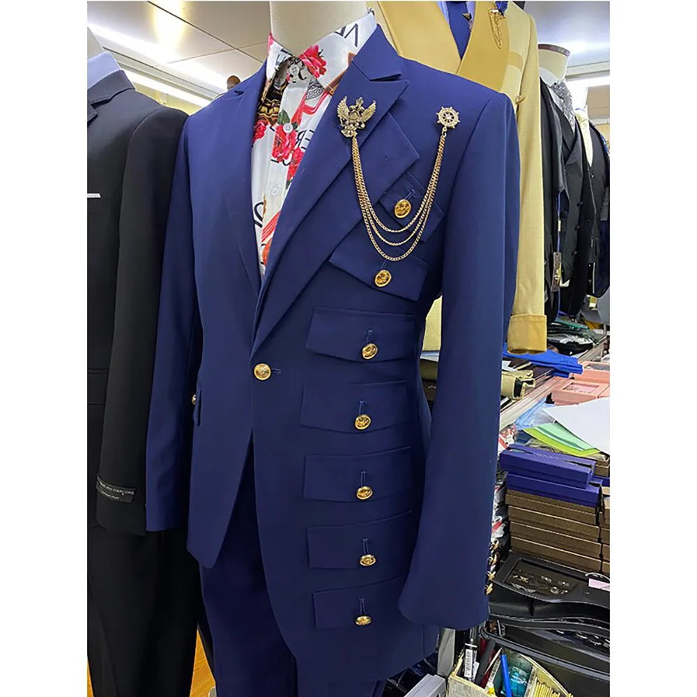 

2024 Suit For Men Blaser Masculino Slim Navy Blue Notched Lapel Single Breasted Two Piece Hombre Costume Jacket Pants Fit